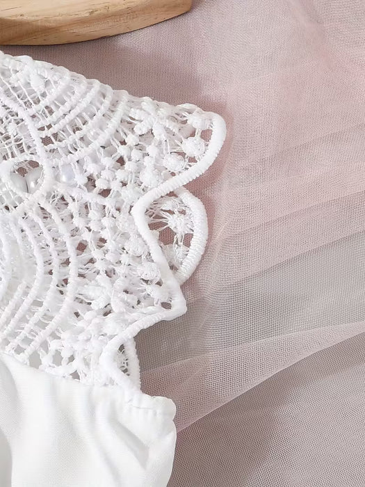 Vestido Tejido y Cuello de Encaje en Color Sólido con Cinturón para Niñas