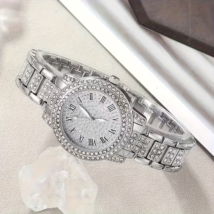 6 piezas de reloj de cuarzo para mujer a la moda con reloj plateado de números romanos