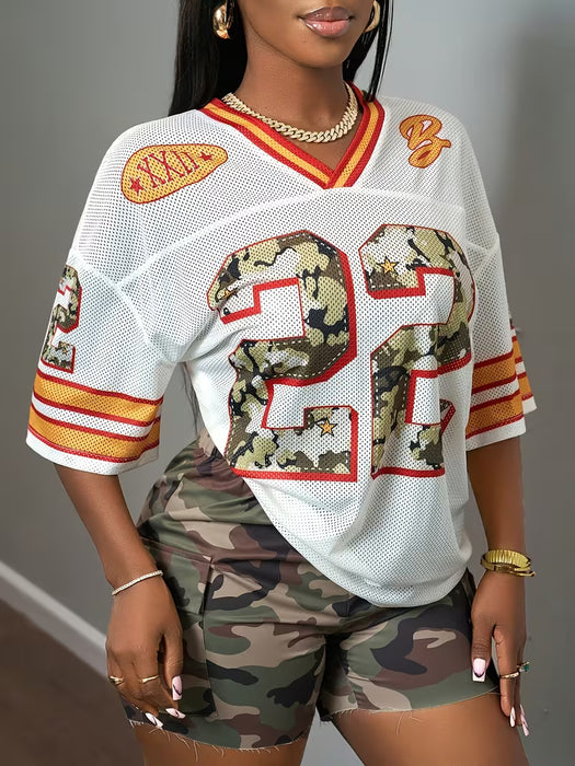 Camiseta deportiva casual de mujer con cuello en V y estampado digital