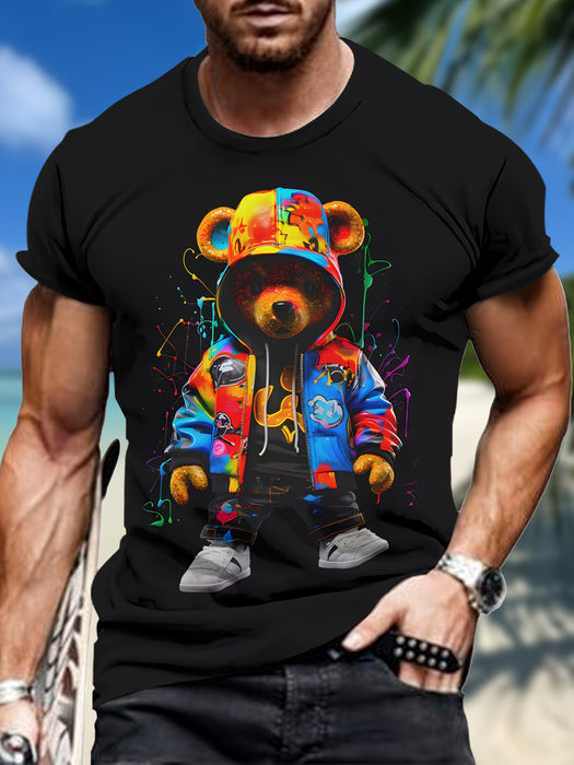 Camiseta de verano para hombre con estampado digital de oso colorido, deportiva y transpirable