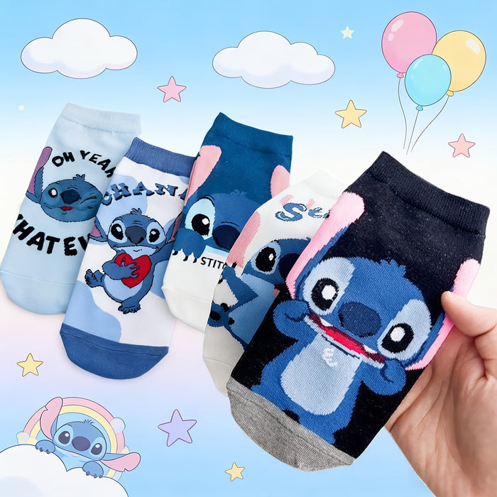 5 pares de calcetines de ganchillo modernos y adorables con el diseño de Stitch de Disney