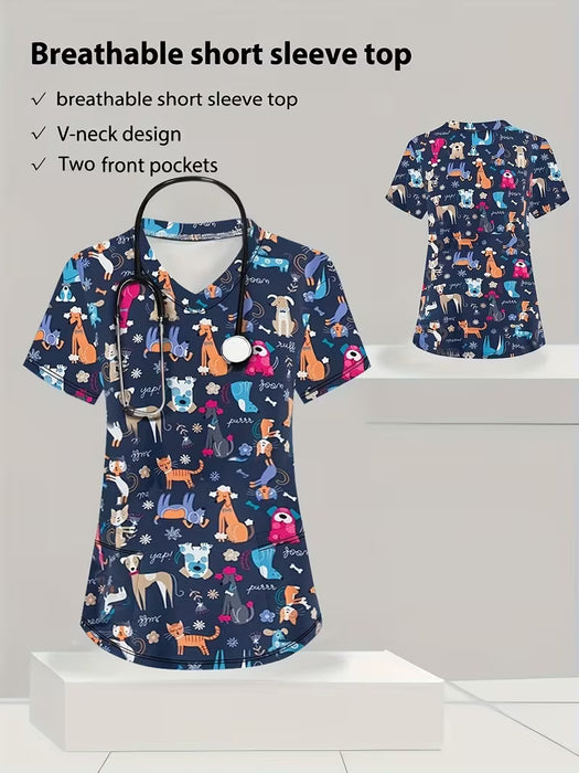 Camiseta Casual de Cuello en V para Mujer con Estampado de Perro Lindo