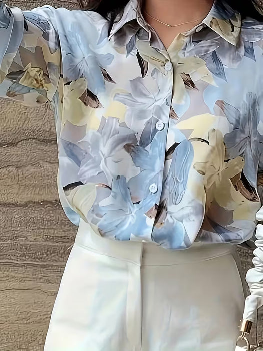 Elegante Camisa con Estampado Floral Azul y Blanco, Botones al Frente para mujer