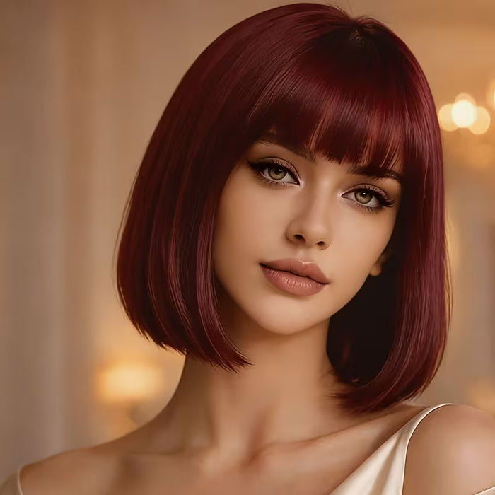 Peluca de mujer de pelo liso color burdeos corte bob pulgadas con flequillo