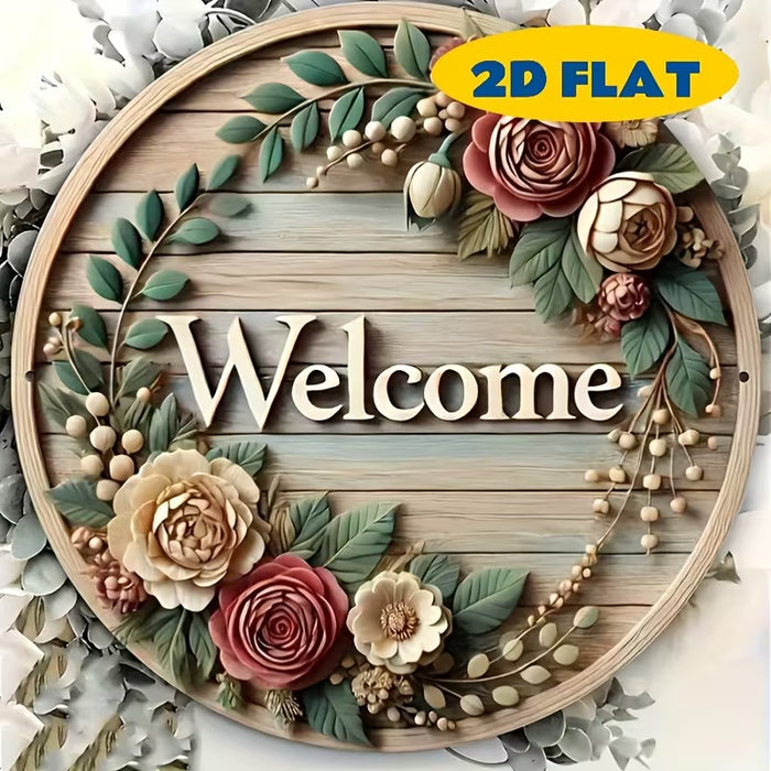 Letrero de Bienvenida Rústico de Madera 2D Plano, con Diseño de Corona Floral