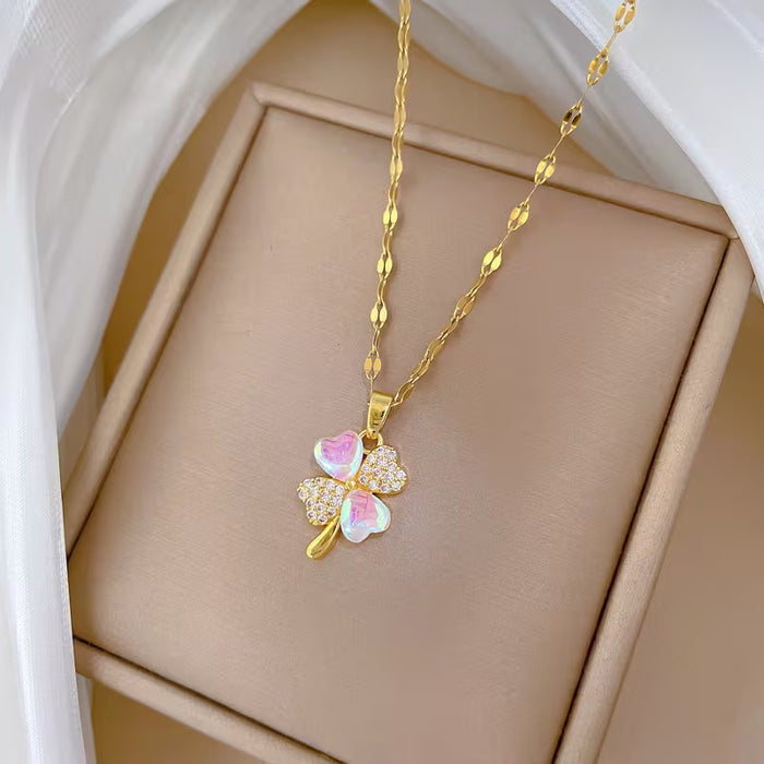 Collar de Cuatro Hojas para Mujer con Incrustaciones de Micro-Rhinestone