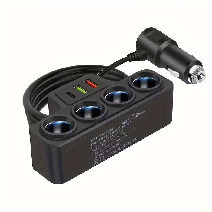 Cargador de Coche Multifunción de Cuatro Potencias, USB + 1 Puerto Tipo-C