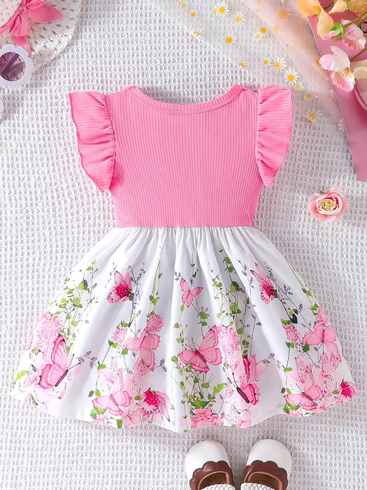 Vestido de verano para niña, mangas con volantes y adorno de lazo en la cintura