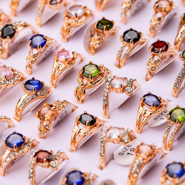 12 piezas de anillos de lujo para mujer de aleación con incrustaciones de vidrio de colores aleatorios