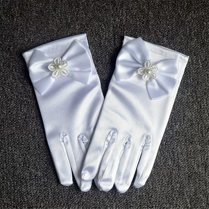 Guantes Elegantes con Lazo Blanco - Guantes de Fiesta Deslumbrantes Adornados con Diseños Florales