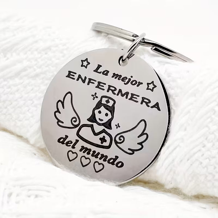Llavero de enfermera de acero inoxidable, Diseño de ángel enfermera con grabado