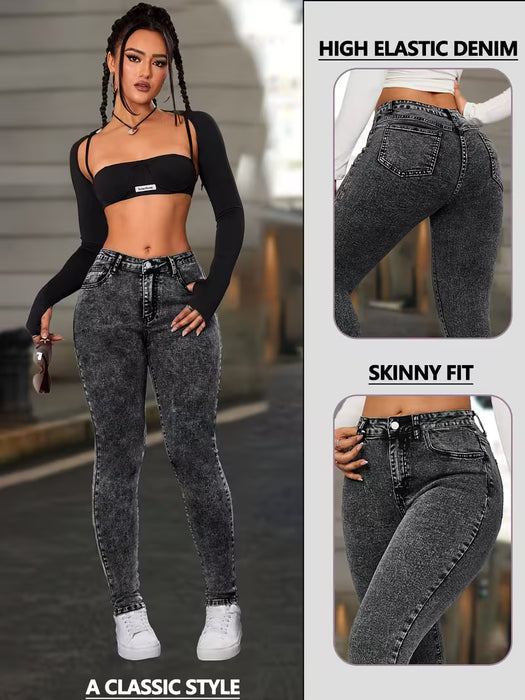 Jeans Skinny de Cintura Alta para Mujer en con Dobladillo Desgastado