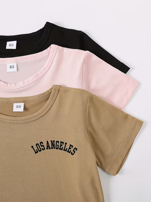 Conjunto De 3 Piezas De Ropa De Verano Para Bebé Con Estampado De "Los Angeles", Incluye Camiseta Y Pantalones Cortos