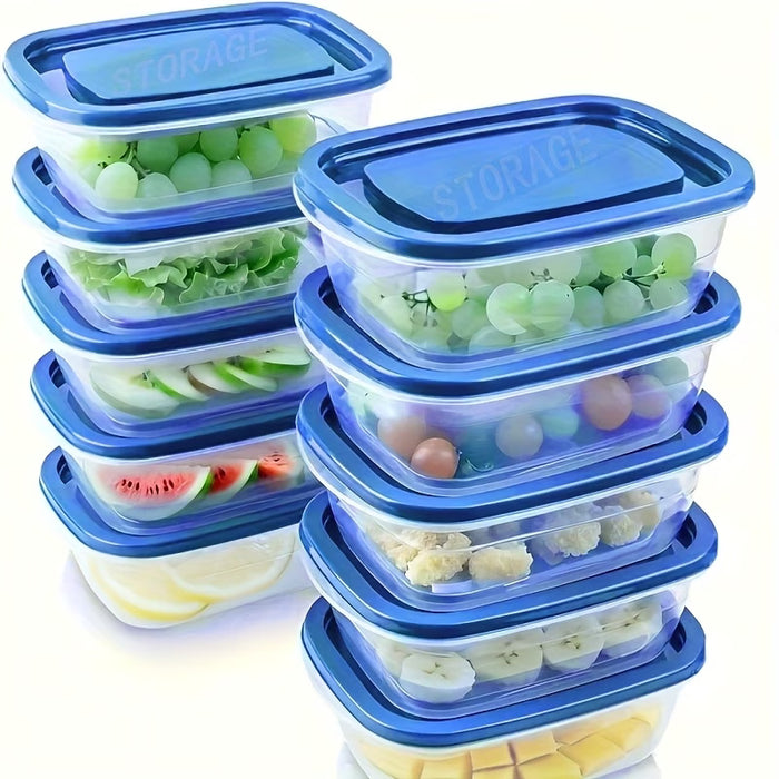 Set de 10 contenedores apilables azules con tapa, ideales para organizar la cocina