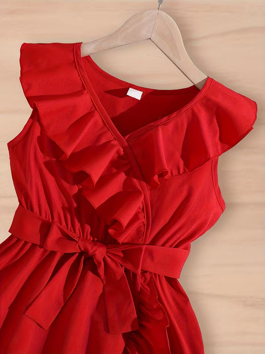 Vestido sin mangas con volantes en el cuello en V para niñas, cómodo
