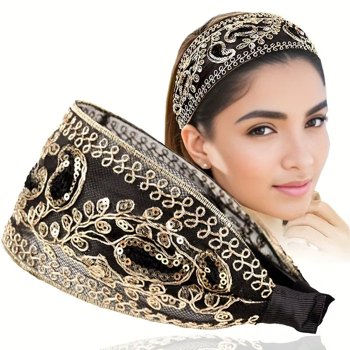 2 Piezas de Diademas de Encaje y Lentejuelas Florales para Mujer, Elegantes Aros Anchos