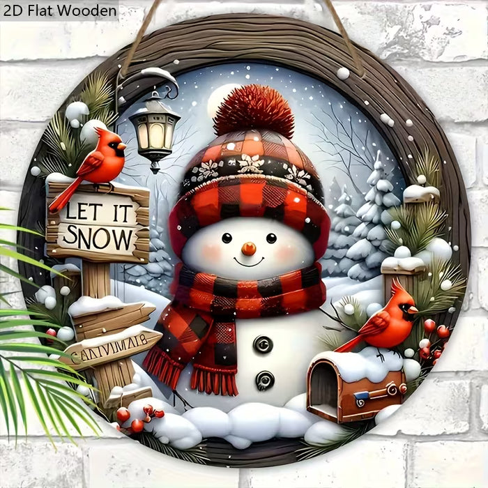 1 Letrero Navideño de Madera con Muñeco de Nieve Festivo y Pájaro Rojo, Adorno Circular