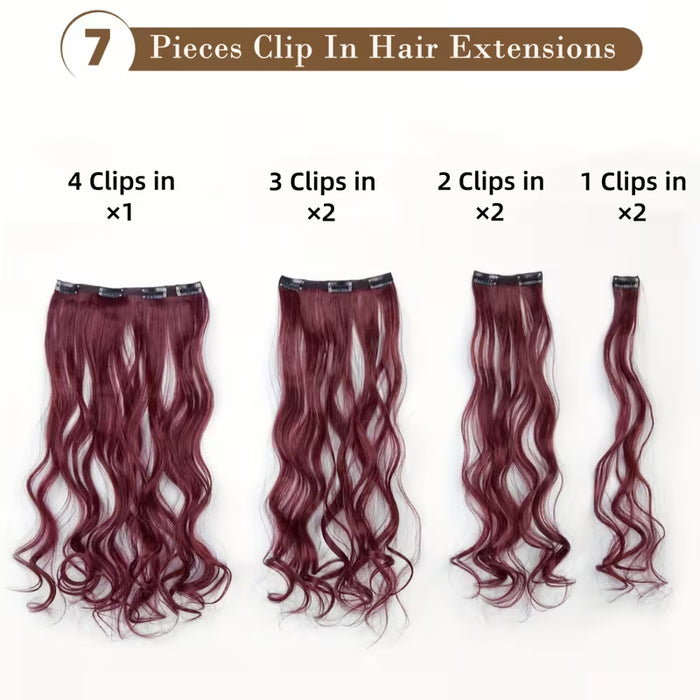 Set de 7 Clips con Ondas de Sirena Lujosas en Rojo Vino,Cabello Sintético Ligero 22inch