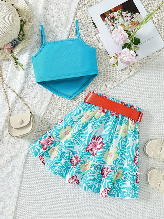 Conjunto de verano para niña: top asimétrico de tirantes y falda tropical