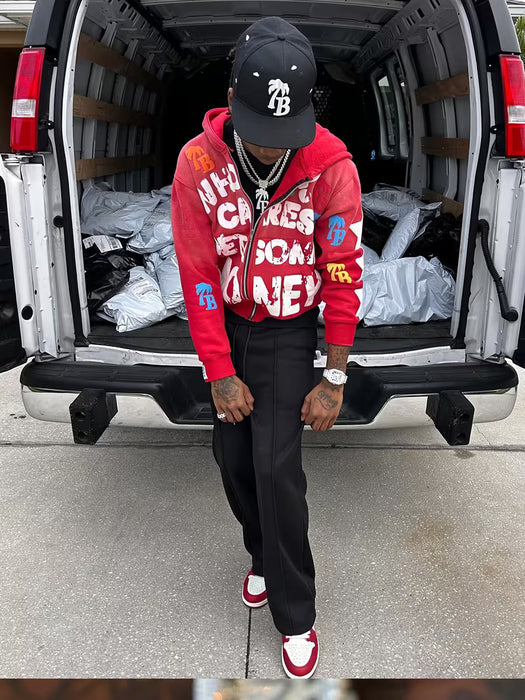 Sudadera con Capucha con Estampado de Letras TB "Who Cares Get Some Money" y Estrellas para hombre
