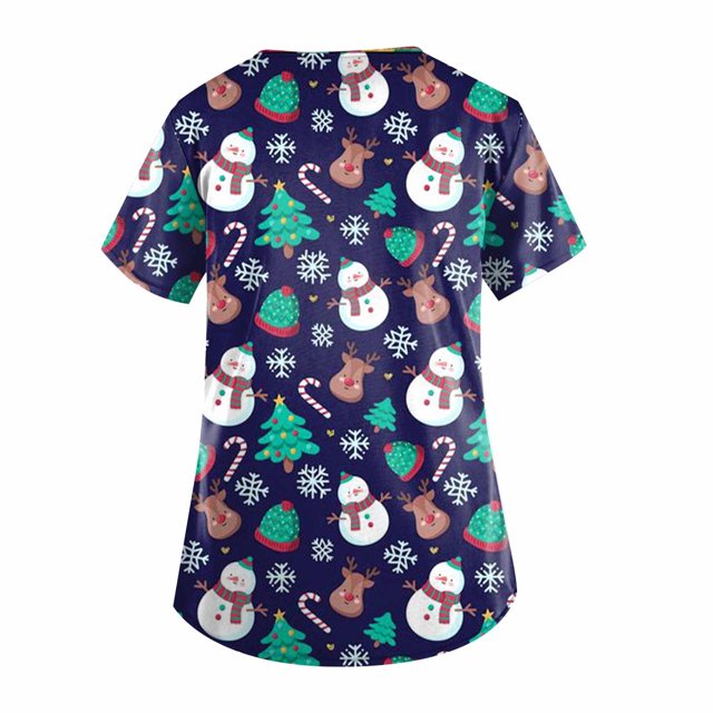 Camiseta uniforme médico de manga corta con cuello en V estampado de navidad