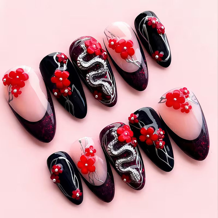 Shein 24 Uñas de Almendra, Elegantes y Premium 3D Plateadas con Pequeña Serpiente, Rosa Roja