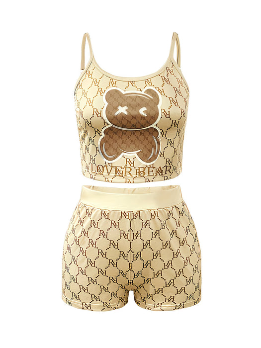 Conjunto de pijama de dos piezas con tirantes y estampado "Lover Bear"