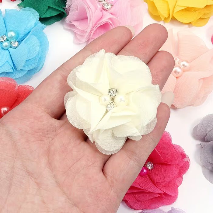 Conjunto de 4 Adornos de Flores de Gasa con Perlas de Imitación y Pedrería