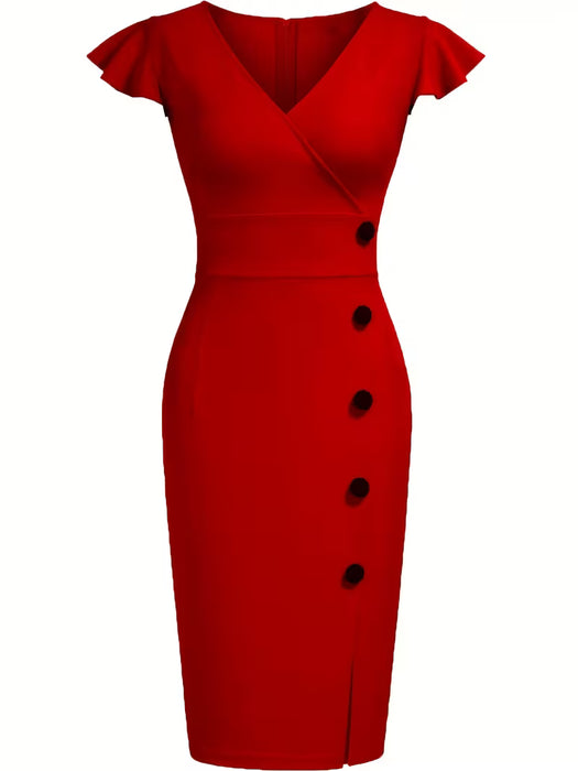 Elegante Vestido Midi de Mujer con Escote en V, Color Sólido