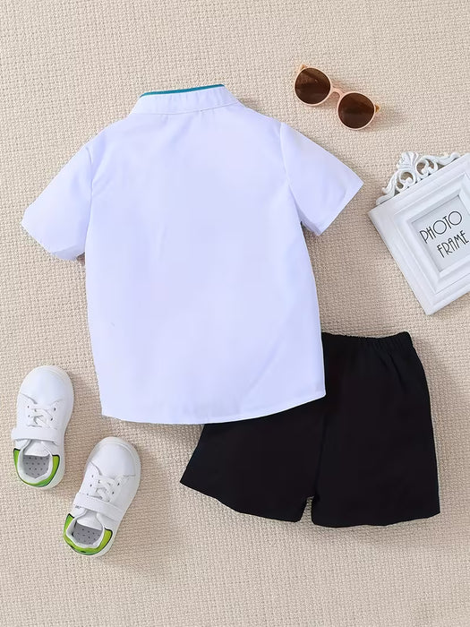 Conjunto de 2 Piezas para Niños, Camisa Azul de Manga Corta con Solapa y Shorts