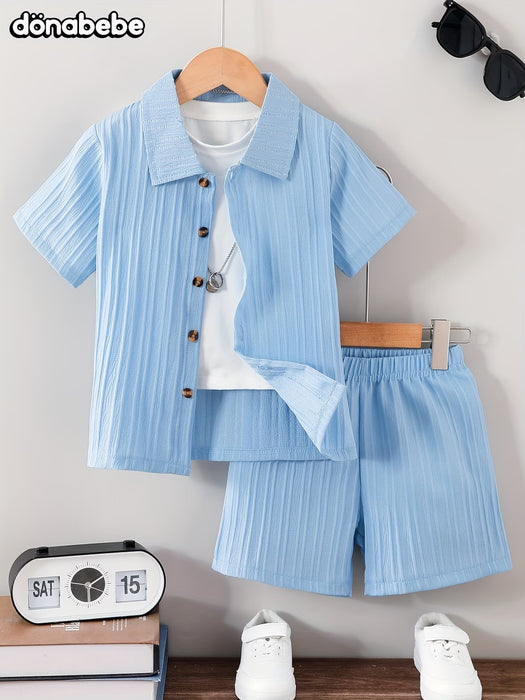 Conjunto de camisa de manga corta con cuello y estampado de olas y pantalón corto casual