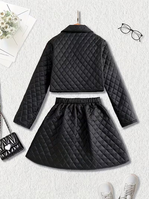 Conjunto de chaqueta corta de moda con botones y minifalda acolchado para niña