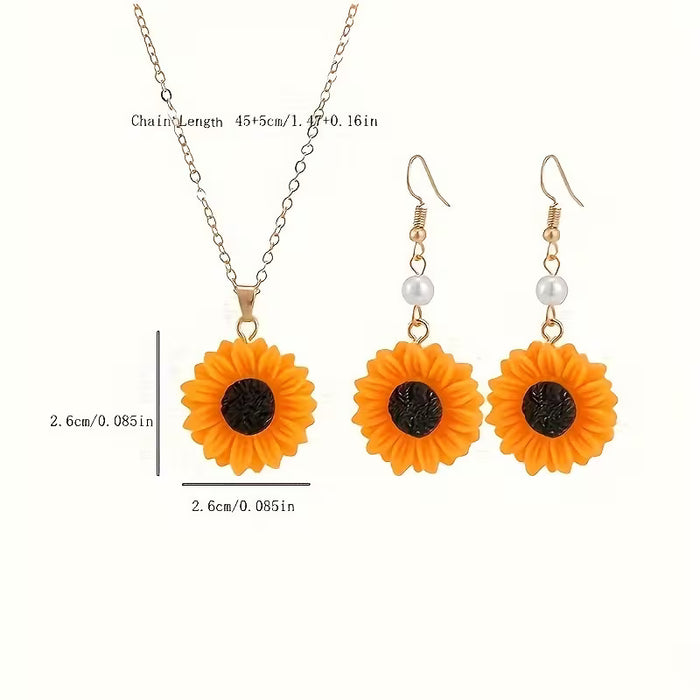 Collar y aretes de girasol de 3 piezas, juego de joyería de moda para mujer para fiesta