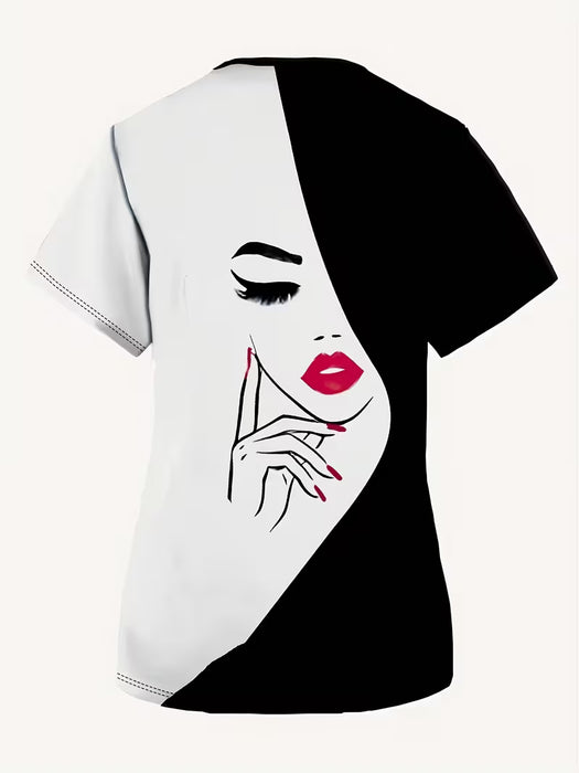 Camiseta elegante de cuello en V para mujer con diseño de retrato de mujer, uniforme de enfermera de manga corta