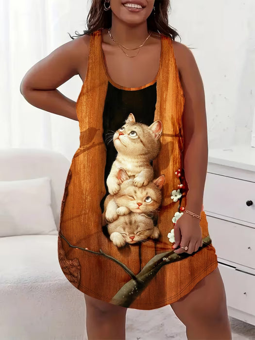 Pijama casual para niña, camisón sin mangas con estampado de gato bonito y divertido