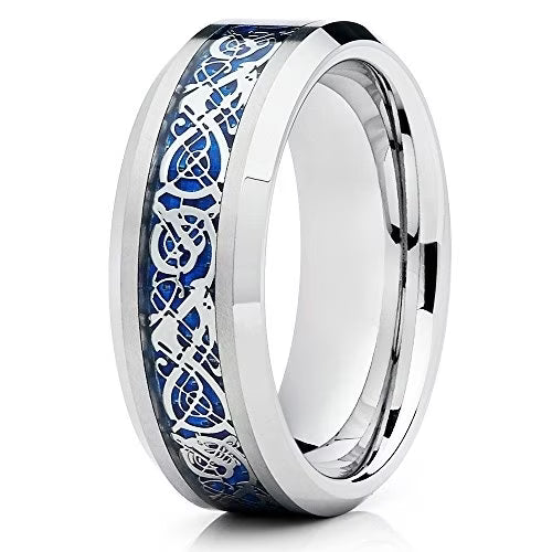 Anillo de tungsteno para hombre con diseño de dragón azul y carburo.