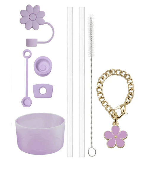9 accesorios: 3 tapones antiderrames, funda con pajita y flores, 2 pajitas y cepillos, y 1 cadena - Quierox - Tienda Online
