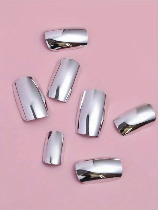 24 uñas postizas medianas squoval, Uñas postizas acrílicas brillantes plateadas tipo espejo