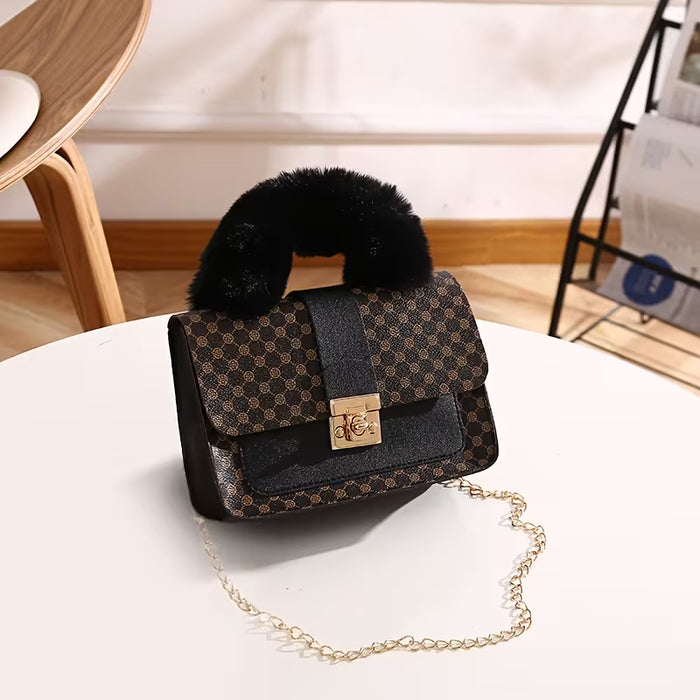 1 pza. Bolso bandolera de PU con estampado para niña, bonito bolso de mano de felpa