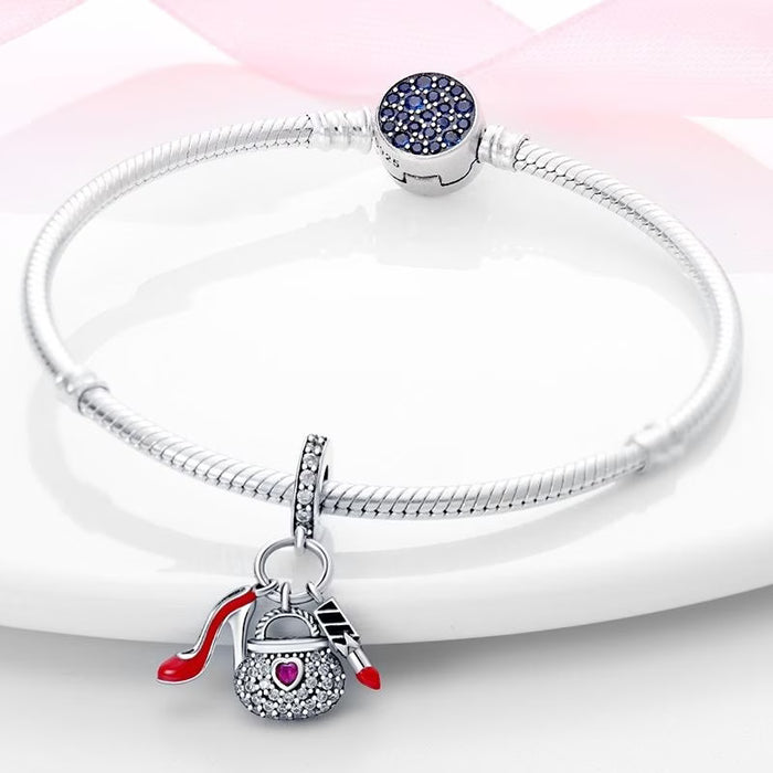 Colgante de tacón alto plateado de 1 pieza con forma de bolso y lápiz labial, adecuado para pulsera