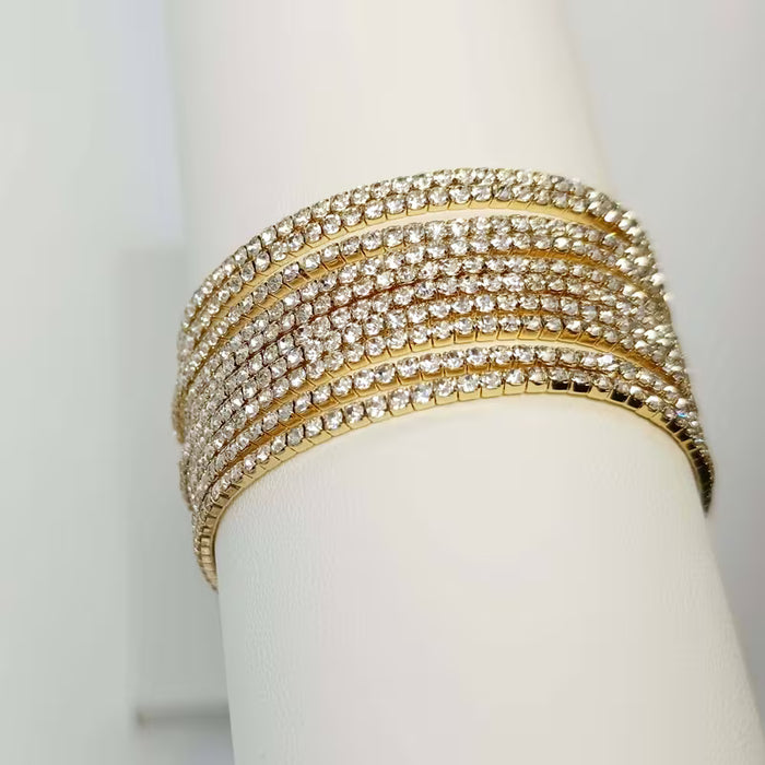 9pcs Pulseras Elásticas De Diamantes De Imitación Exquisitas, Pulsera Brillante Dorado