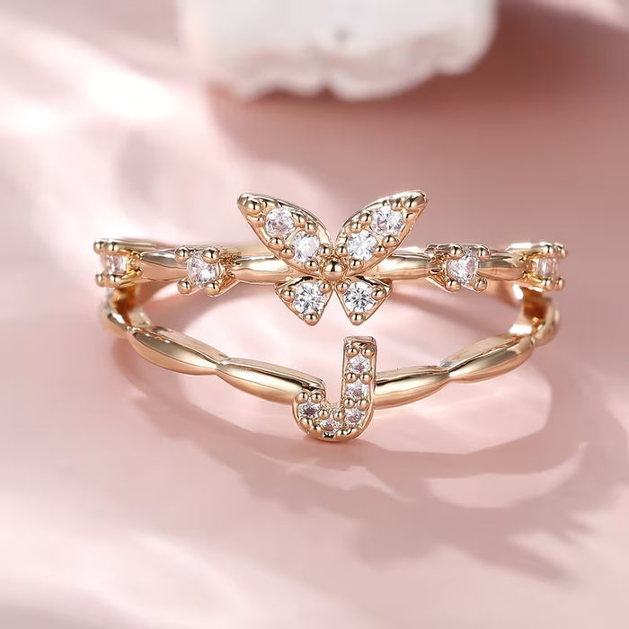 Anillo ajustable de Letra J para Mujer, de marposa con Alas de Zirconia Sintética