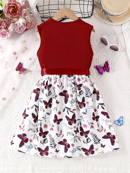 Vestido para niñas con estampado floral de patchwork dulce, sin mangas