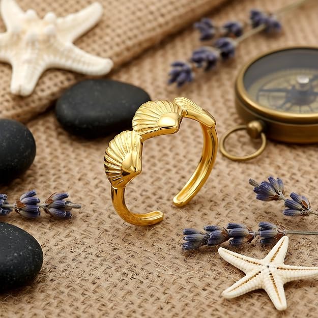 Anillo de triple concha marina de acero inoxidable para mujer