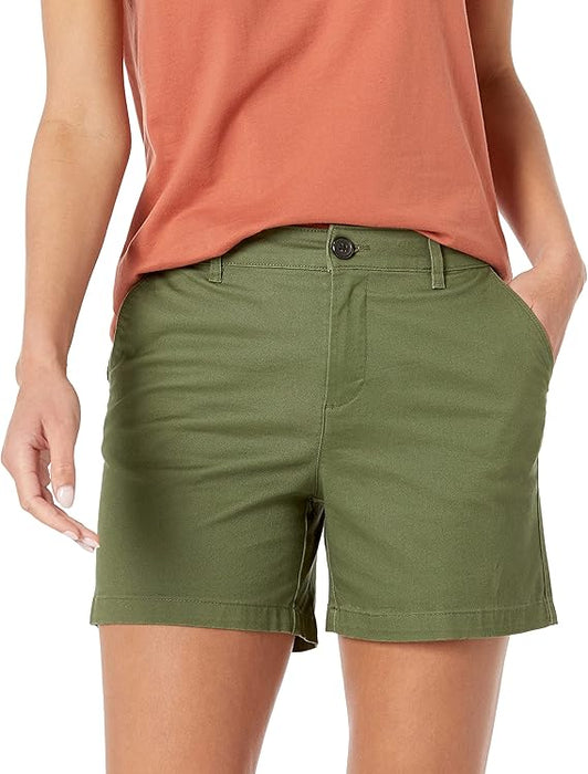 Amazon Essentials Pantalones cortos caqui de tiro medio y entrepierna de 5 pulgadas para mujer