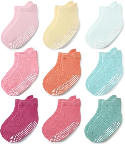 Calcetines tobilleros antideslizantes para bebés, niños pequeños y niñas (paquete de 9)
