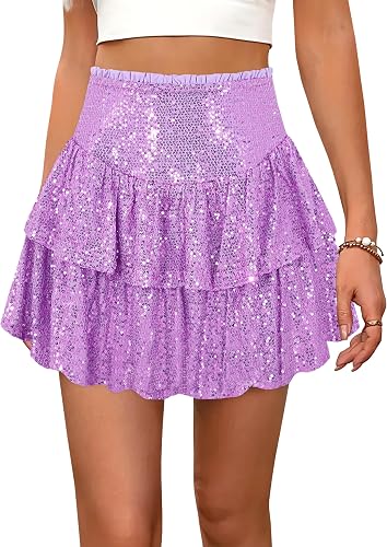 Minifalda de lentejuelas brillantes para mujer, cintura alta, acampanada.