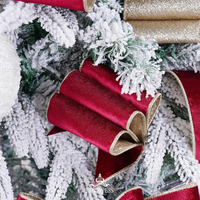 Cinta de Terciopelo Burdeos con Alambre con Purpurina en el Reverso de Navidad