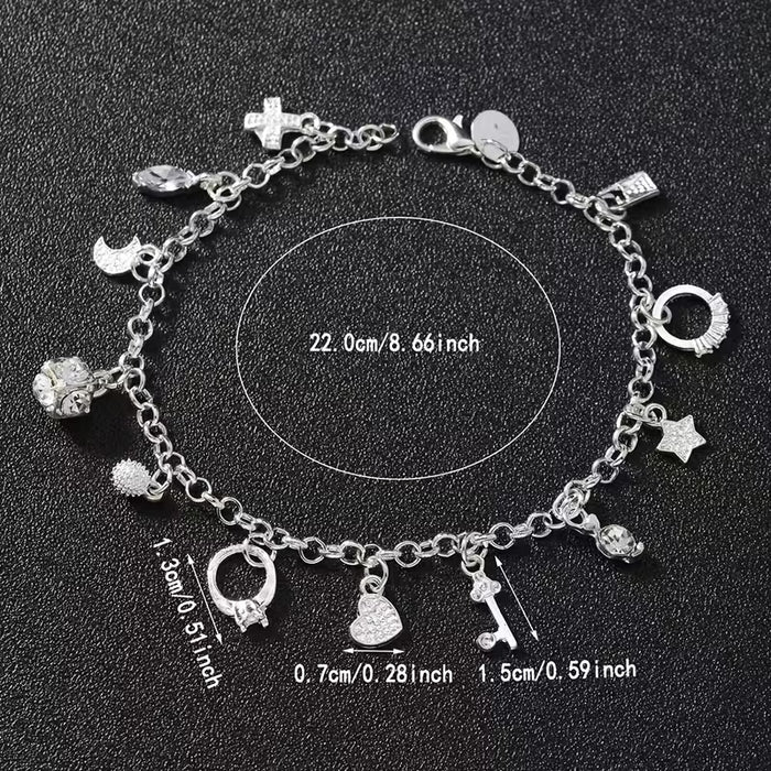 Pulsera con colgantes plateados de 13pcs, elegante con dijes como cruces, estrellas y llaves