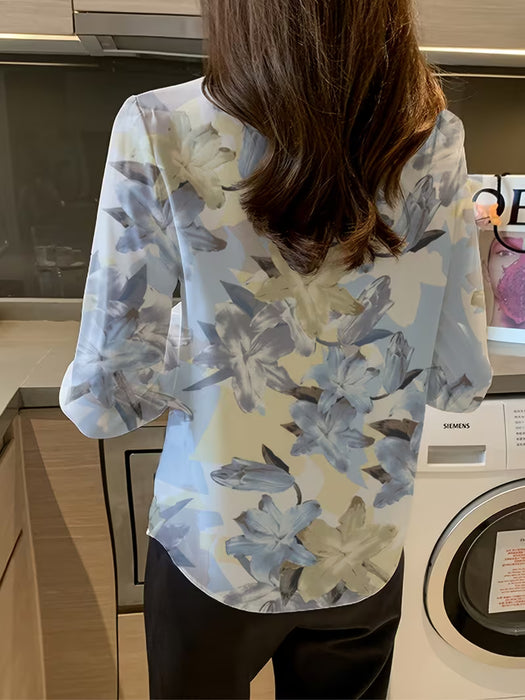 Elegante Camisa con Estampado Floral Azul y Blanco, Botones al Frente para mujer